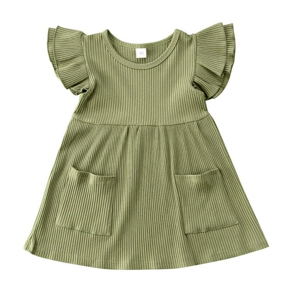 Coerni Toddler Girls Solid Color Flying Short Sleeves Knitted Stripes Dress Girls Summer Round Neck Dress with Pocket