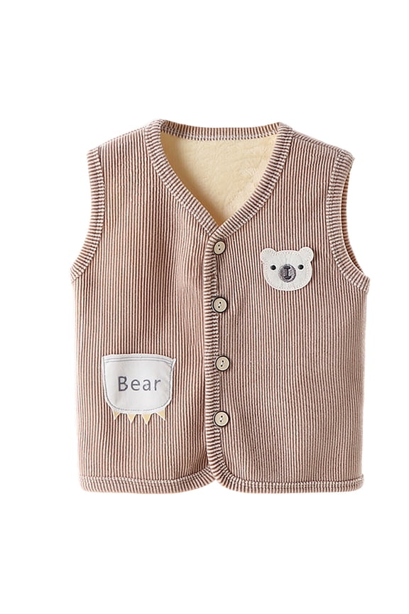 Coerni Toddler Girls Striped Layering Vest Adorable Bear Applique Button-Up Sleeveless Vest with Cute Pocket Kids Spring Fall Warm Outwear Gilet