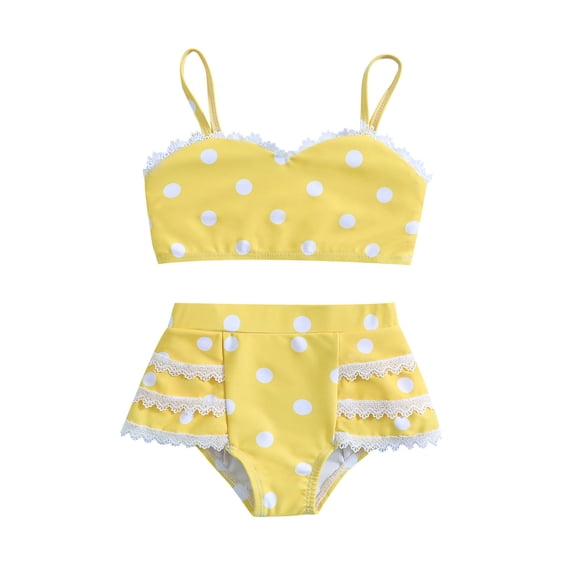 Coerni Toddler Girls Swimsuits 2 Piece Spaghetti Strap Bikini Set Bathing Suits Lace Dot Print Ruffle Tankini Beach Swimwear