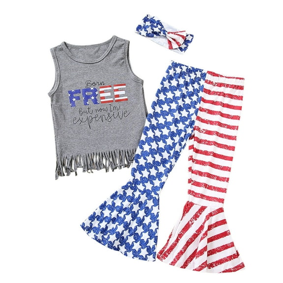 Coerni Toddler Kids Baby Girl 4th of July Outfit Sleeveless Tassel Tank Tops American Flag Flared Pants Headband Summer Outfits