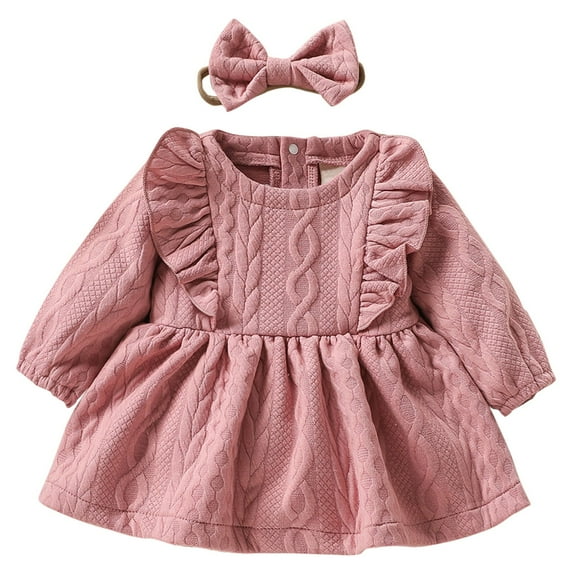 Coerni Toddler Kids Baby Girls Casual Long Sleeve Round Neck Solid Color Dress Party Dress Clothes 12 18 24 Months Girls Dress