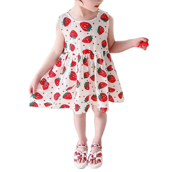 Coerni Toddler Kids Baby Girls Strawberry Printed Sleeveless Dress Summer Casual Loose Flowly 𝚅ibrant Color Vest Sundress
