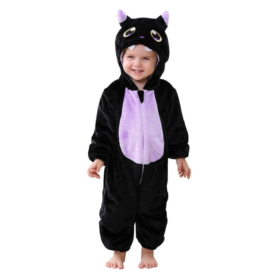 Coerni Toddler Kids Black Cat Onesie Halloween Animal Dress-Up Party Play Wear Soft Flannel Hooded Jumpsuit Boy Girl Winter Warm Loungewear