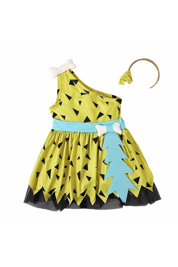Coerni Toddler Kids Caveman Girls Halloween Dog Bones Historical Cavegirl Mesh Tulle Dress Princess Outfits Swaddling Set