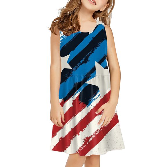 Coerni Toddler Kids Girl Independent Day Tie Dye Dress Fourth Of July Firework Prints Splash Ink Sleeveless Party Dress