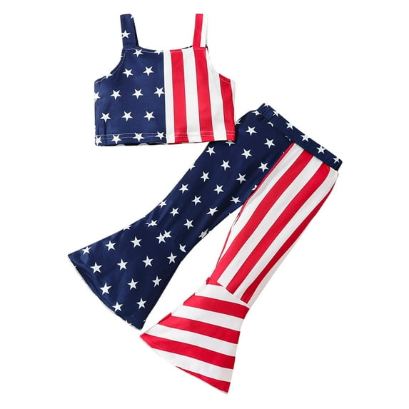 Coerni Toddler Kids Girls 4th Of July Star Stripes Crop Tops Pants Outfits Independence Day T Shirt Bell Bottom Outfits