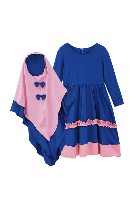 Coerni Toddler Kids Prayer Dress Muslim Clothes for Girls Abaya with Bow Hijab Two Piece Maxi Isl𝐚mic Set Scarf Kaftan Jilbab