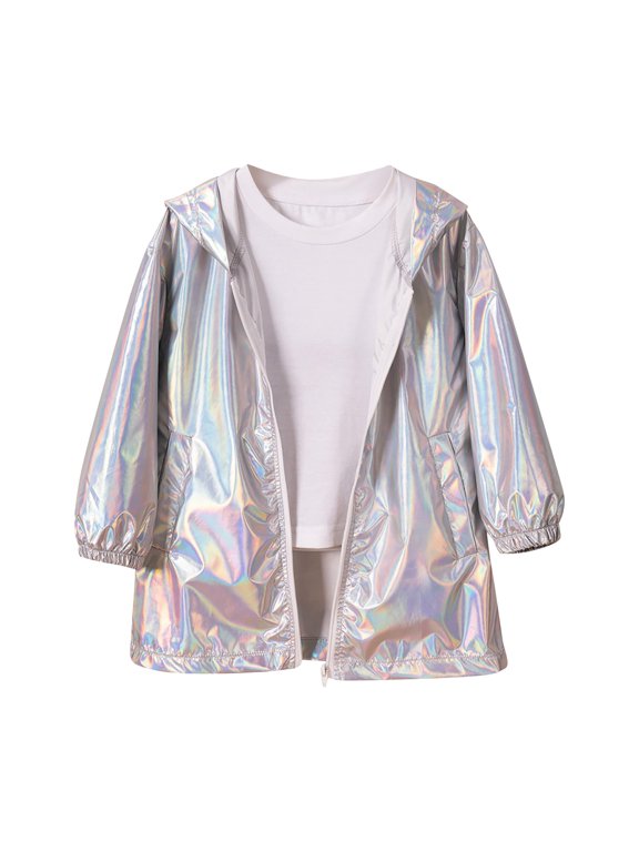 Coerni Toddler Reflective Zip-up Jacket Boys Girls Mid-Long Length Shiny Hooded Windbreaker Trendy Street Y2K Jacket with Pocket