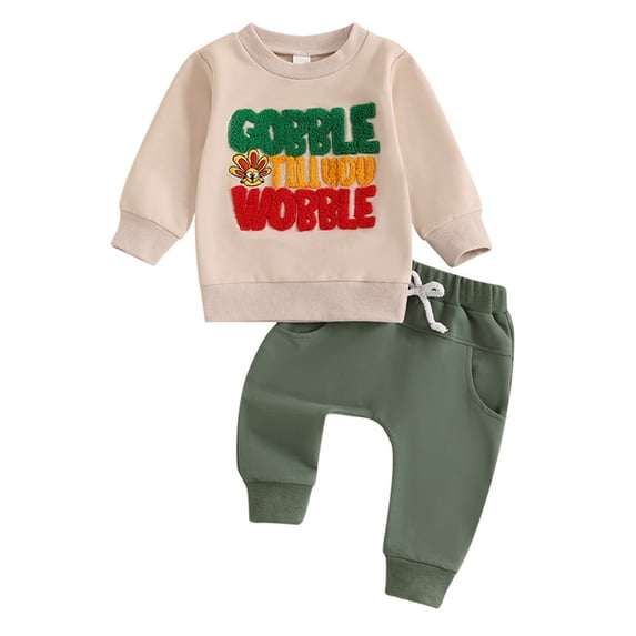 Coerni Toddler Thanksgiving Outfits Baby Girls Boys Letter Turkey Embroidery Long Sleeve Sweatshirts Tops Pant Sets Clothes