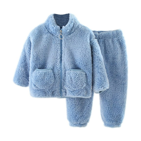 Coerni Toddler Unisex Fleece Flannel Pajamas Set Boys Girls Solid Cotton Sleep𝚠ear Winter Warm Home𝚠ear with Pocket