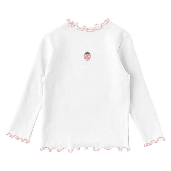 Coerni Toddlers Baby Girls Basic Crewneck T-Shirt Tops Cotton Lettuce Edge Trim Long Sleeve Strawberry Pattern Knit Tee