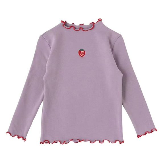 Coerni Toddlers Baby Girls Basic Crewneck T-Shirt Tops Cotton Lettuce Edge Trim Long Sleeve Strawberry Pattern Knit Tee