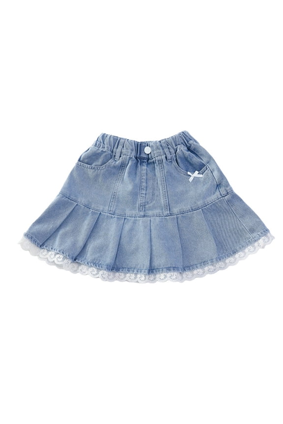 Coerni Tween Girls Y2K Pleated Denim Skirt Lace Trim Elastic Waist A Line Jean Skirts with Bowknot Youth Kids Cute Preppy Skirt