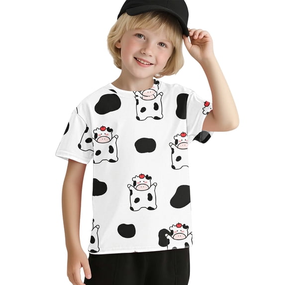 Coerni Unisex Cow Print Shirt Kids Short Sleeve Crewneck Tops Breathable Comfy Graphic Tees for School Days Halloween Dress-Up Wear