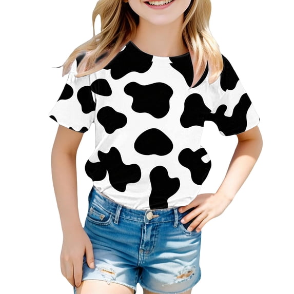Coerni Unisex Cow Tee Kids Funny Print Crewneck Short Sleeve Tops Comfy Breathable Summer Casual T Shirt Halloween Animal Dress Up