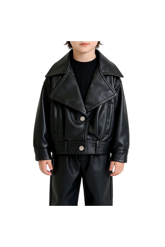 Coerni Unisex Faux Leather Jacket Boys Girls Baggy Cropped Bomber Jackets Button Down Fall Winter Trendy Biker Moto Coat