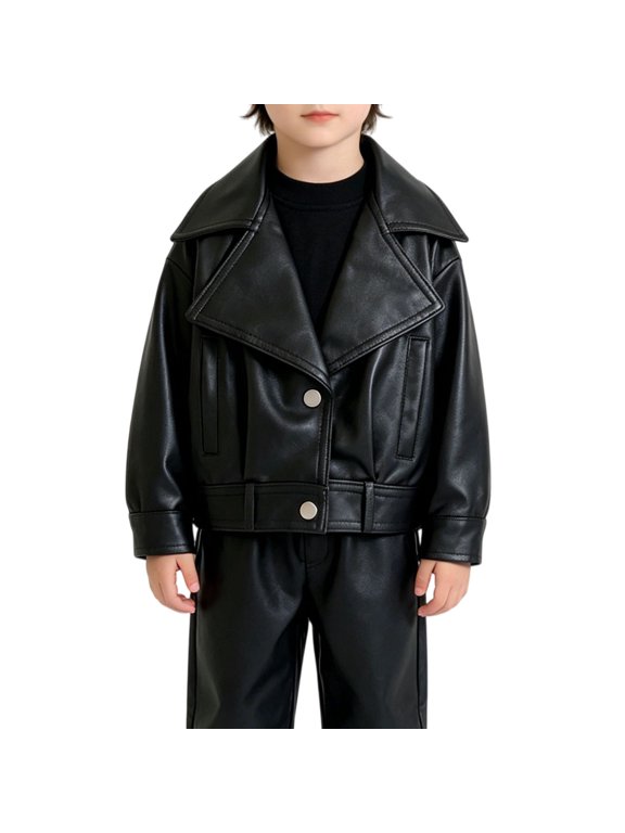 Coerni Unisex Faux Leather Jacket Boys Girls Baggy Cropped Bomber Jackets Button Down Fall Winter Trendy Biker Moto Coat