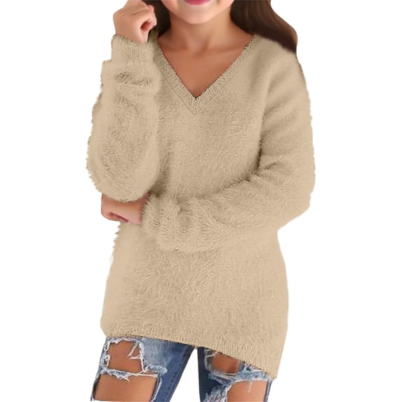 Coerni Unisex Kids and Toddlers' Cotton V-Neck Sweater Long Sleeve Fuzzy Furry Blouse Girls Fall Warm Sweatshirt Tops