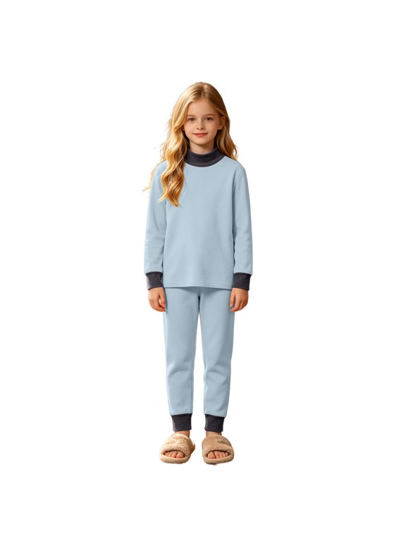 Coerni Unisex Thermal Underwear Sets Boys Girls Soft Cotton 2 Piece Outfits Stand Collar Long Sleeve Sweatshirt and Jogger Pants