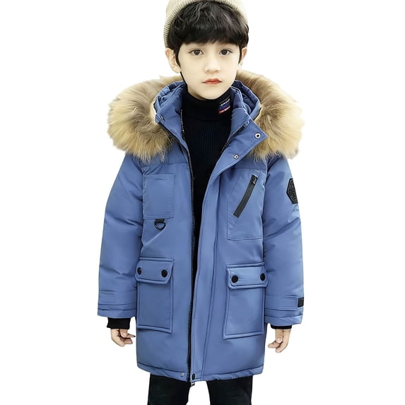 Coerni Winter Long Puffer Jackets for Boys Fuš« Trim Hooded Thickened Down Coat Warm Full Zip Parka Mid Length Insulated Coats