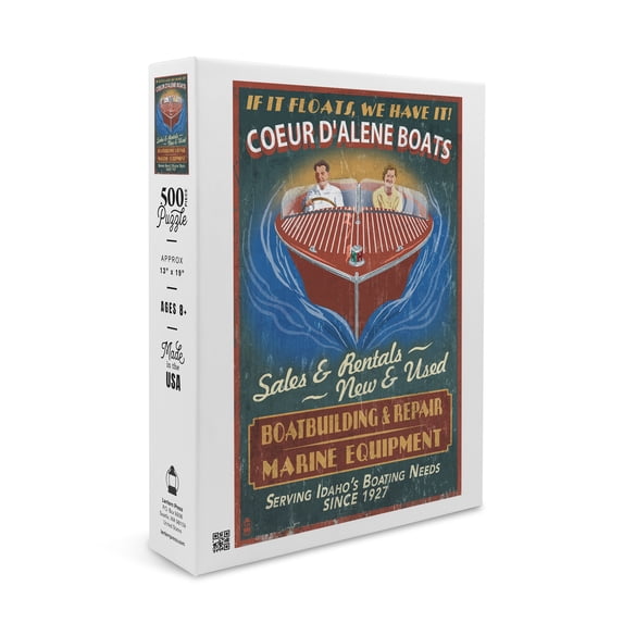 Coeur d'Alene, Idaho, Wooden Boats Vintage Sign (19x27 inches, Premium 500 Piece Jigsaw Puzzle for Adults and Family, Made in USA)