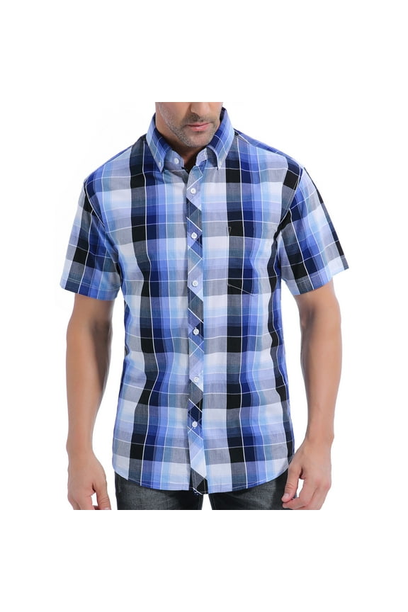 Men Short Sleeve Button Down Up Cotton Casual Soft Plaid Top Shirt (Blue Plaid 7# XXL)