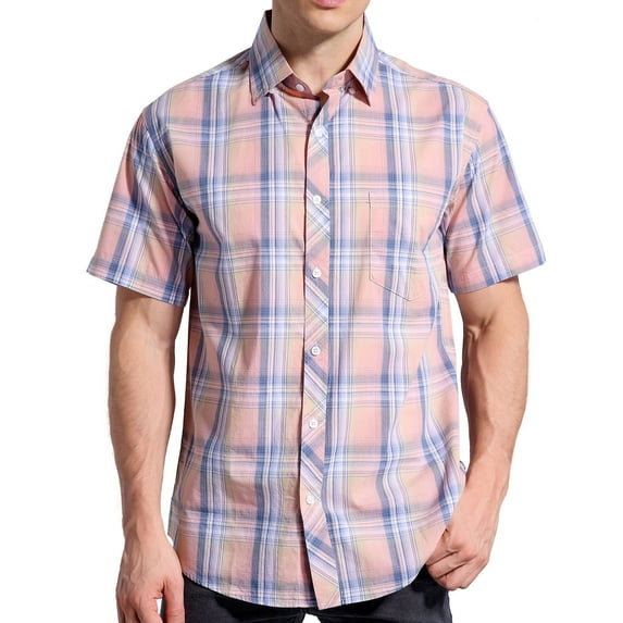 Coevals Club Men Short Sleeve Button Down Up Cotton Casual Soft Plaid Top Shirt (Pink Plaid 6# XL)