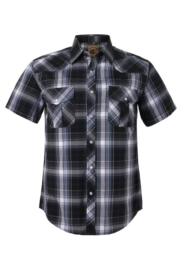 Men Western Plaid Pearl Snap Short Sleeve Shirts (Black Gray #9 Large)