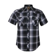 Coevals Club Men Western Plaid Pearl Snap Short Sleeve Shirts (Black Gray #9 Large)