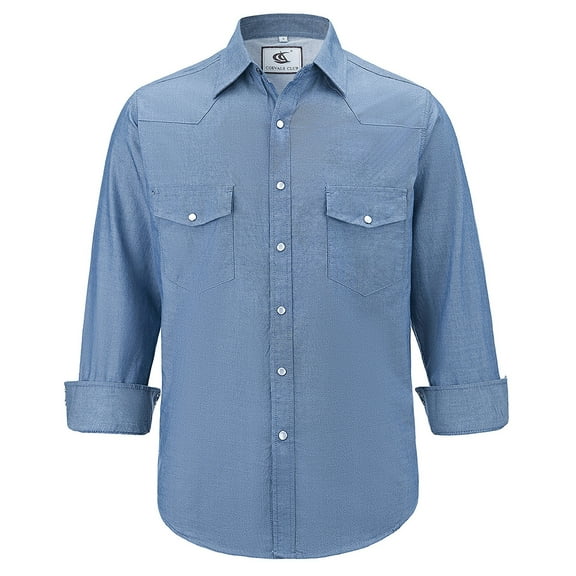Coevals Club Men's Denim Button Up Western Cowboy Pearl Snap Long Sleeve Shirt Classic Casual Workwear 01 Dusty Blue Small