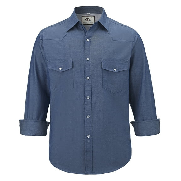 Coevals Club Men's Denim Button Up Western Cowboy Pearl Snap Long Sleeve Shirt Classic Casual Workwear 03 Blue Small