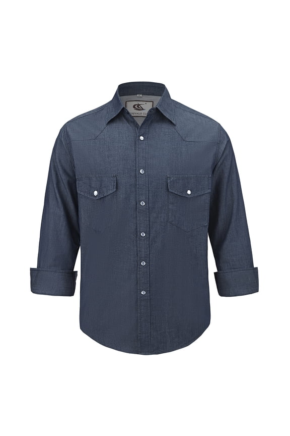 Men's Denim Button Up Western Cowboy Pearl Snap Long Sleeve Shirt Classic Casual Workwear 05 Dark Blue Large
