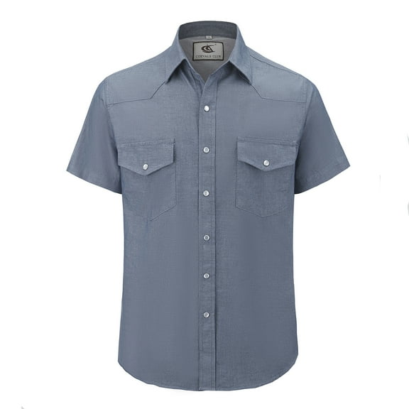 Coevals Club Men's Denim Button Up Western Cowboy Pearl Snap Short Sleeve Shirt Classic Casual Workwear 04 White Blue Large