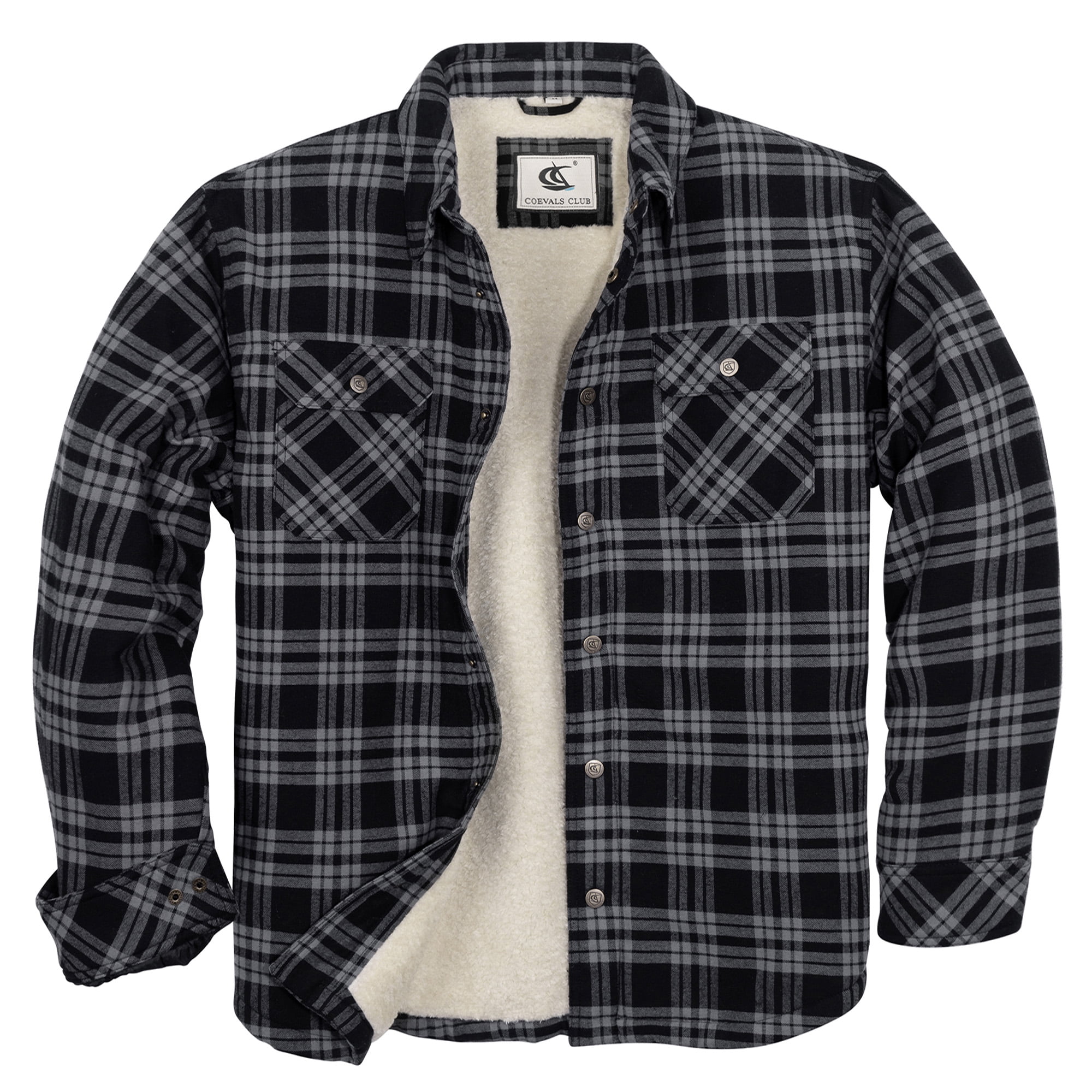 Coevals Club Men's Flannel Jacket Sherpa Lined Cotton Plaid Snap Button Up Quilted Long Sleeve