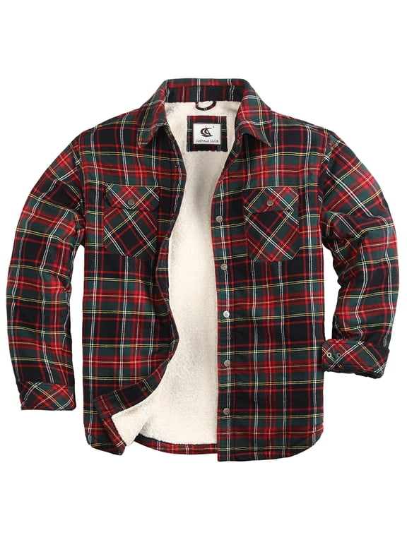 Men's Flannel Jacket Sherpa Lined Cotton Plaid Snap Button Up Quilted Long Sleeve Shirt Jacket Dark Green 64 4X-Large