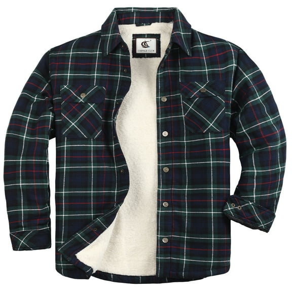 Coevals Club Men's Flannel Jacket Sherpa Lined Cotton Plaid Snap Button Up Quilted Long Sleeve Shirt Jacket Dark Green Black 61 Large