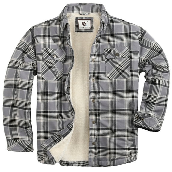 Coevals Club Men's Flannel Jacket Sherpa Lined Cotton Plaid Snap Button Up Quilted Long Sleeve Shirt Jacket Gray Plaid 63 Large