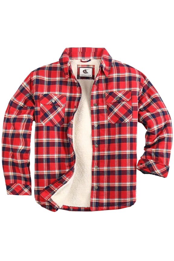 Men's Flannel Jacket Sherpa Lined Cotton Plaid Snap Button Up Quilted Long Sleeve Shirt Jacket Navy Red White 59 4X-Large