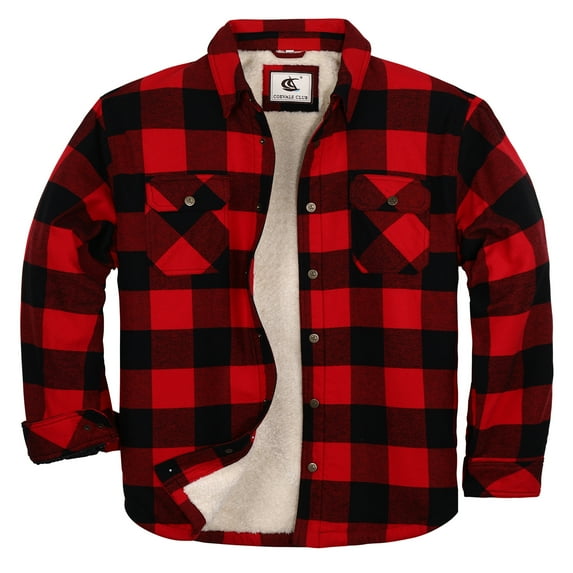 Coevals Club Men's Flannel Jacket Sherpa Lined Cotton Plaid Snap Button Up Quilted Long Sleeve Shirt Jacket Red Black 50 2X-Large