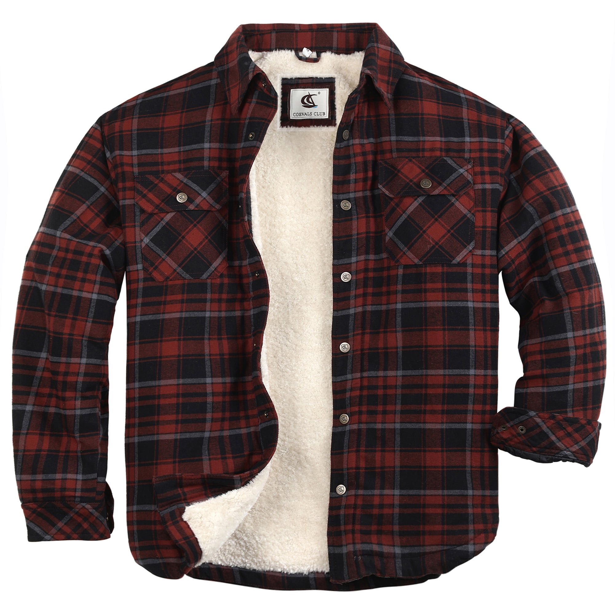 Coevals Club Men's Flannel Jacket Sherpa Lined Cotton Plaid Snap Button Up Quilted Long Sleeve