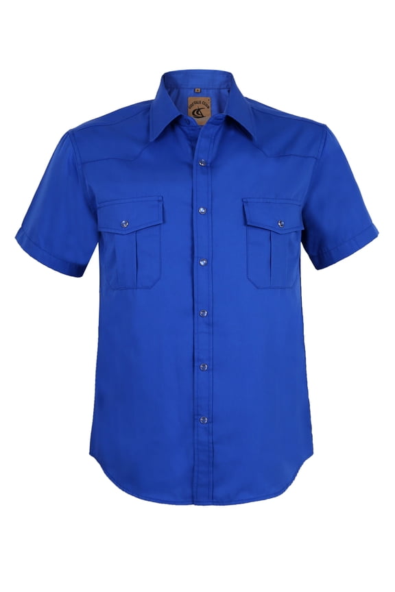 Men's Summer Short Sleeve Casual Western Solid Plain Snap Buttons Work Shirt (Royal Blue L)