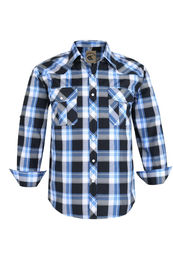 Men's Western Cowboy Long Sleeve Pearl Snap Casual Plaid Work Shirts (Black Blue #19 L)