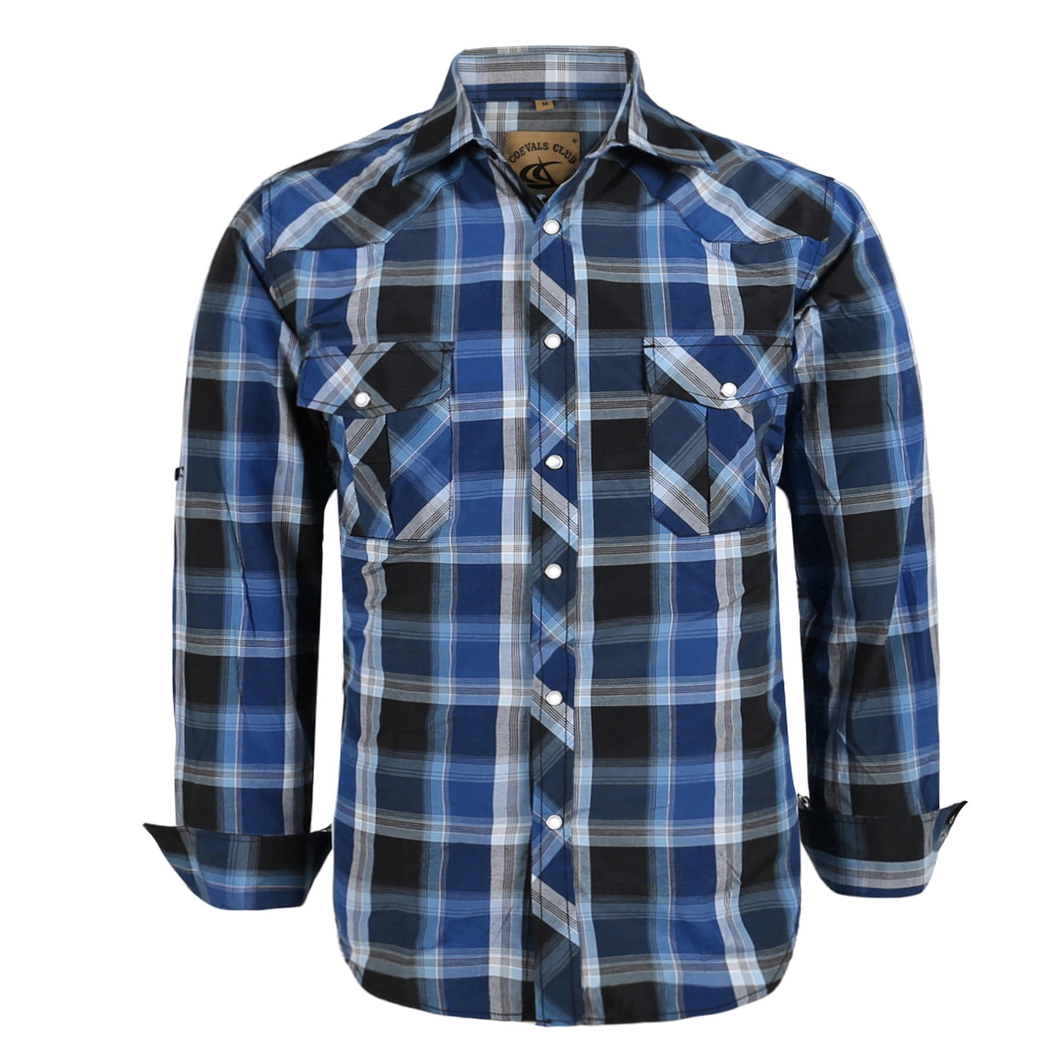 Coevals Club Men's Western Pearl Snap Shirt - Long Sleeve Plaid Work Shirt With Two Pockets, Blue/Black, Medium