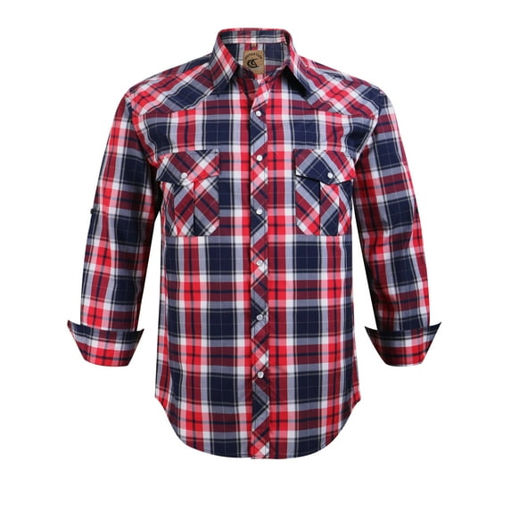 Coevals Club Men's Western Cowboy Long Sleeve Pearl Snap Casual Plaid Work Shirts Navy Red Plaid 37 Medium