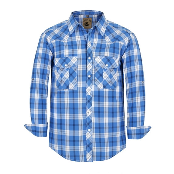 Coevals Club Men's Western Cowboy Long Sleeve Pearl Snap Casual Plaid Work Shirts White Blue Plaid 29 3X-Large
