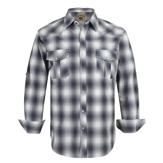 Coevals Club Men's Western Cowboy Long Sleeve Pearl Snap Casual Plaid Work Shirts White Shark Gray 30 Medium