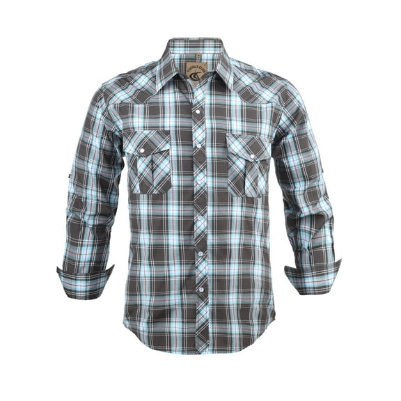 Coevals Club Men's Western Cowboy Long Sleeve Pearl Snap Plaid Work Shirts Black Barrier Reef 39 Medium