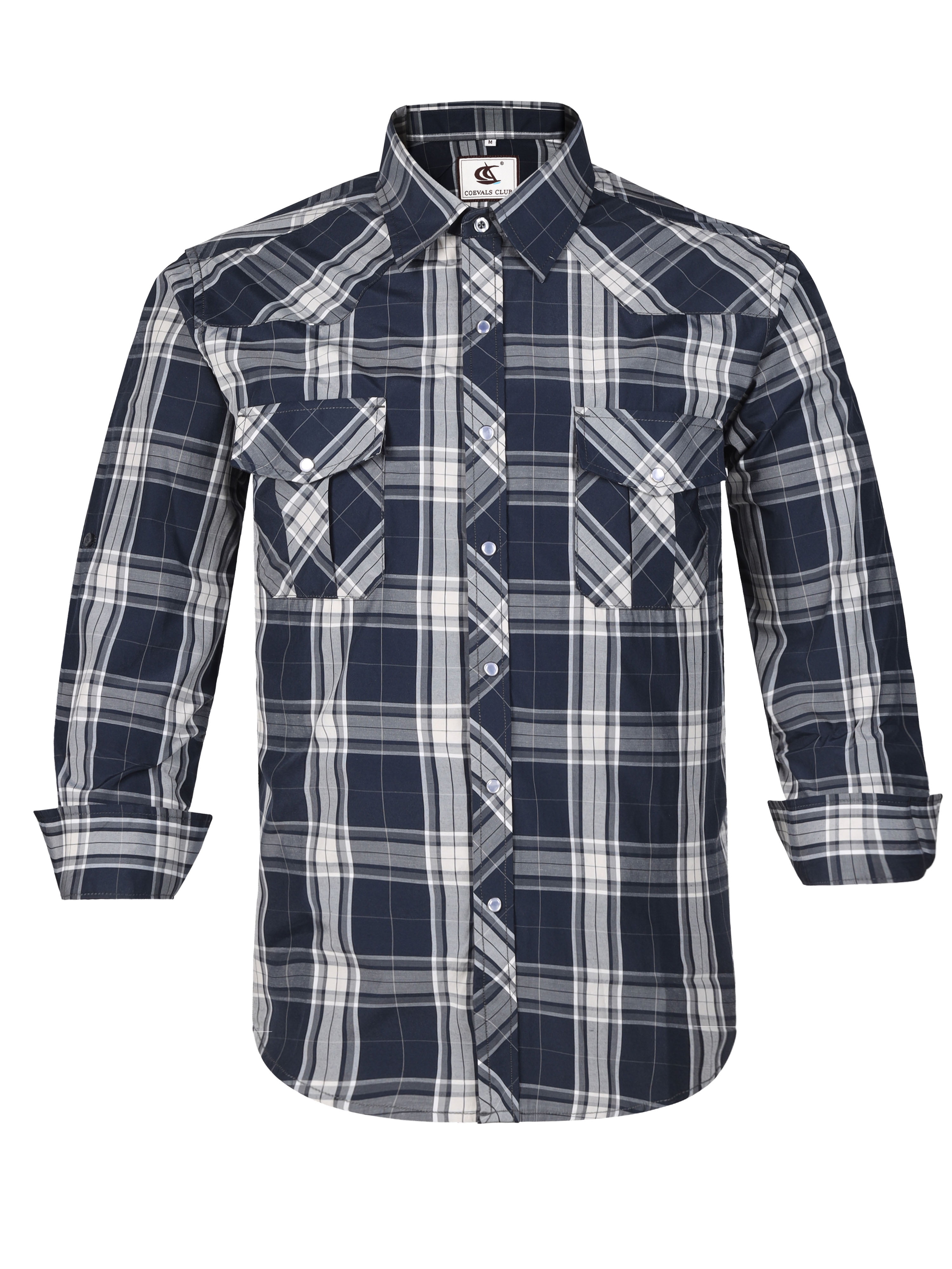 Coevals Club Men's Western Cowboy Pearl Snap Shirt - Long Sleeve Plaid Work Shirt, Size S Blue Plaid - View #9