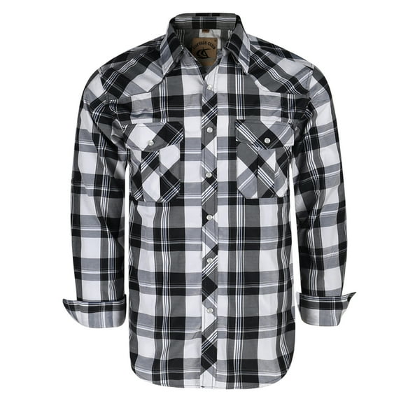 Coevals Club Men's Western Cowboy Long Sleeve Pearl Snap Plaid Work Shirts Black White 16 Large