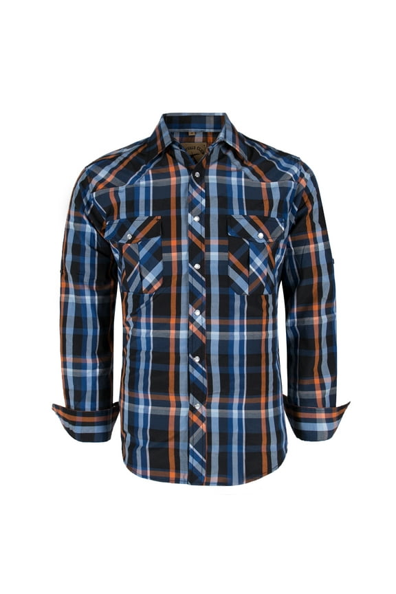 Men's Western Cowboy Long Sleeve Pearl Snap Plaid Work Shirts Blue Orange 05 Large